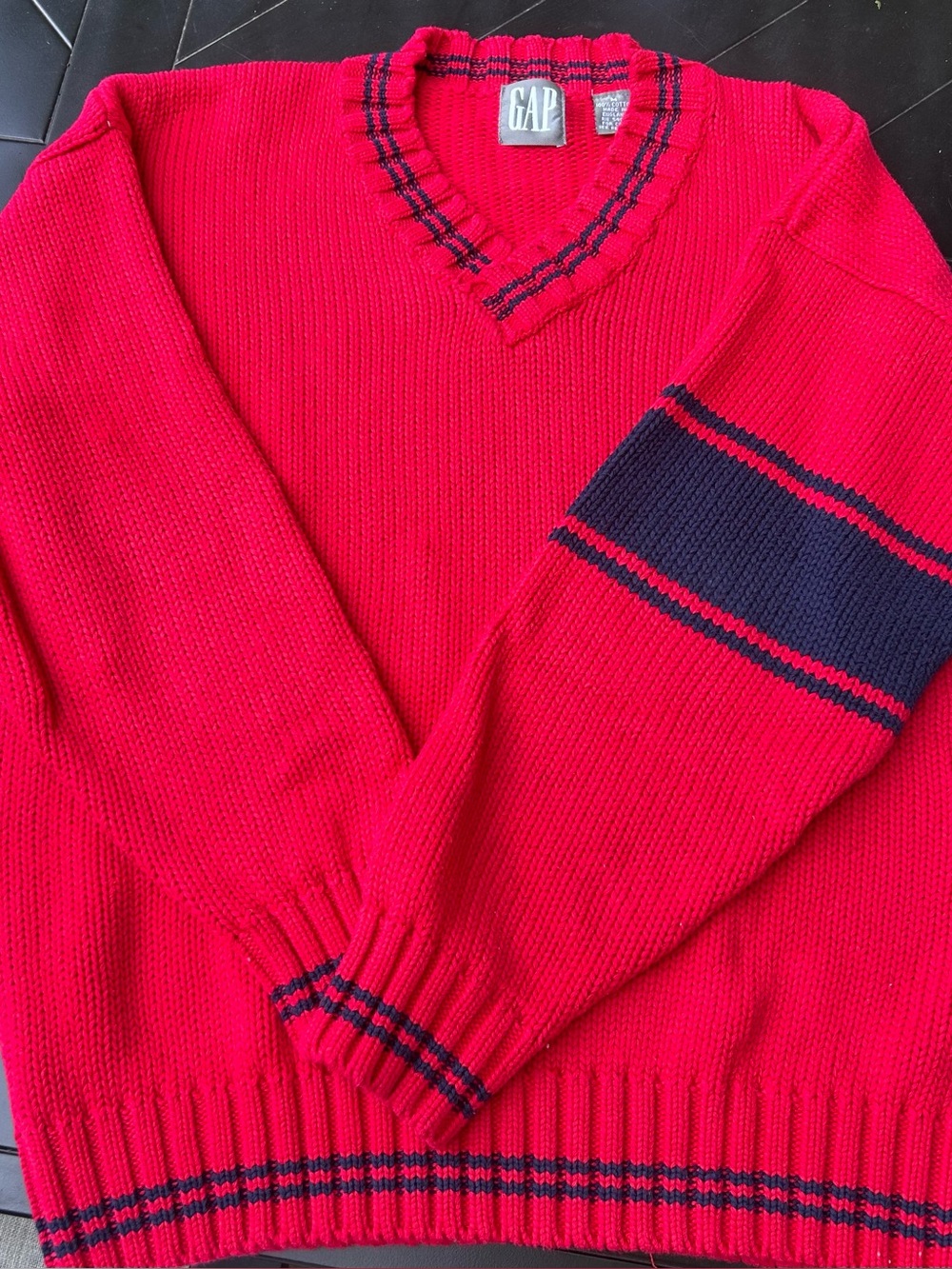 GAP men’s  Red V-Neck Sweater with Navy Stripe